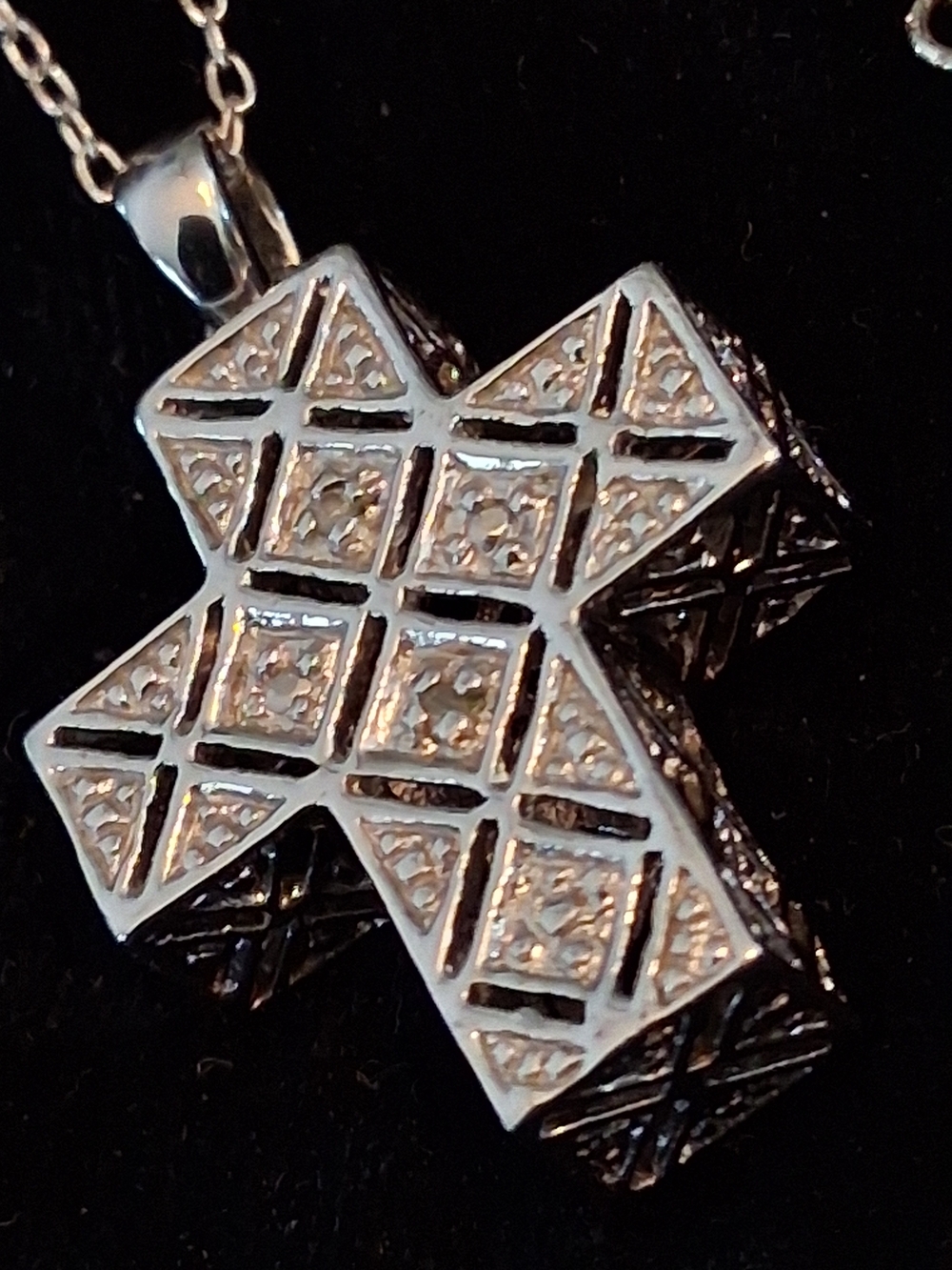 Textured Sterling Silver 925 Cross Pendant Necklace Genuine Pave Diam.